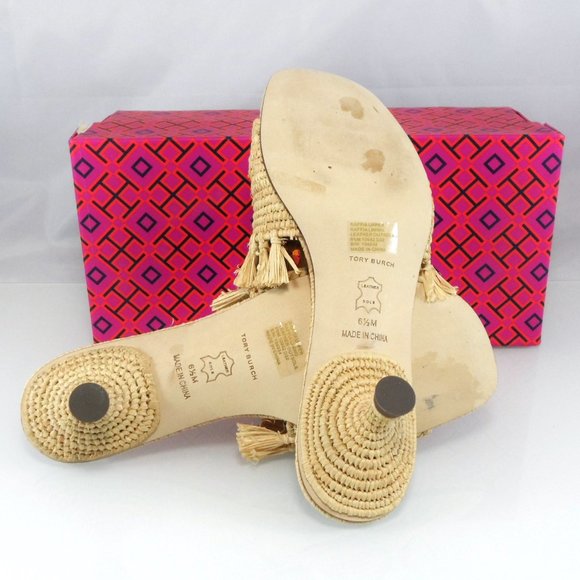 NIB $378 Tory Burch Eleanor Raffia Kitten-Heel Mules Double T Slip On Sandal 6.5 - Picture 10 of 11